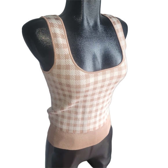 Ann Taylor Cream and Tan Checkered Knit Tank Top XS - Picture 2 of 6